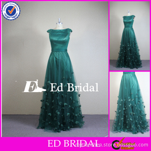 CN316 Real Picture 2014 Popular Cap Sleeve Handmade Flower Decorated Emerald Green Evening Dress